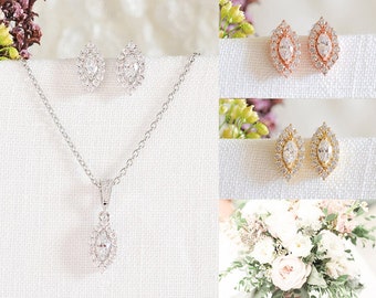 Bridal Jewelry SET, Wedding Jewelry Set, Crystal Necklace Earrings Set, Bridal Earrings, Wedding Necklace, Marquise Halo, Rose Gold, YOSELIN