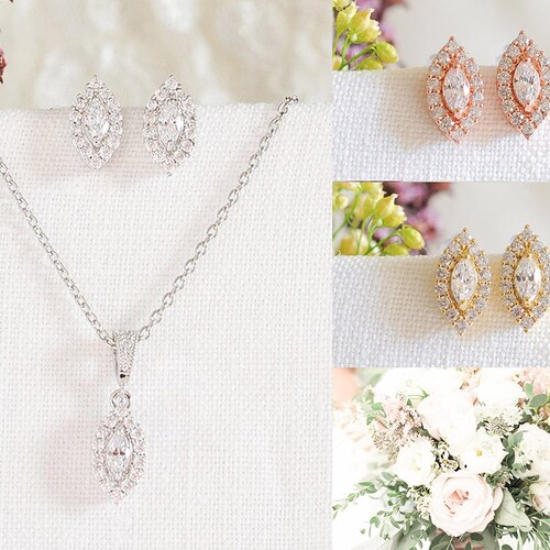 Rose Gold Wedding Earrings Necklace Set Crystal Jewelry Set - Etsy