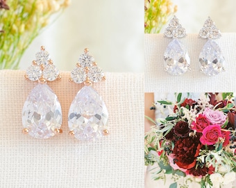 Boucles d’oreilles de mariage, boucles d’oreilles nuptiales en or rose, boucles d’oreilles en cristal stud, goujons teardrop, boucles d’oreilles de demoiselle d’honneur, bijoux de mariage, bijoux de mariée, LYNN