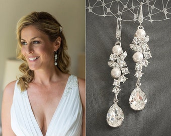 Swarovski Crystal Bridal Earrings, Pearl Cluster Chandelier Wedding Earrings, Rhinestone Leaf Teardrop Dangle Statement Earrings, CORALIE