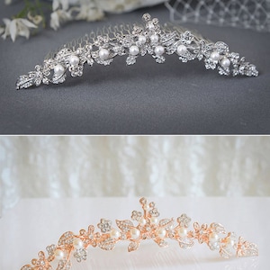 Wedding Tiara, Rose Gold Bridal Tiara, SWAROVSKI Crystal and Pearl Bridal Crown, Flower Leaf Bridal Wedding Hair Accessories, TIMOTHEA image 6