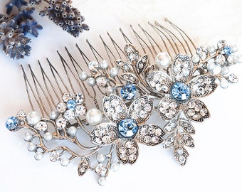 Wedding Hair Accessories, Vintage Style Flower and Leaf Rhinestone Bridal Hair Comb, BLUE Swarovski Crystal and Pearl Wedding Comb, SHERI