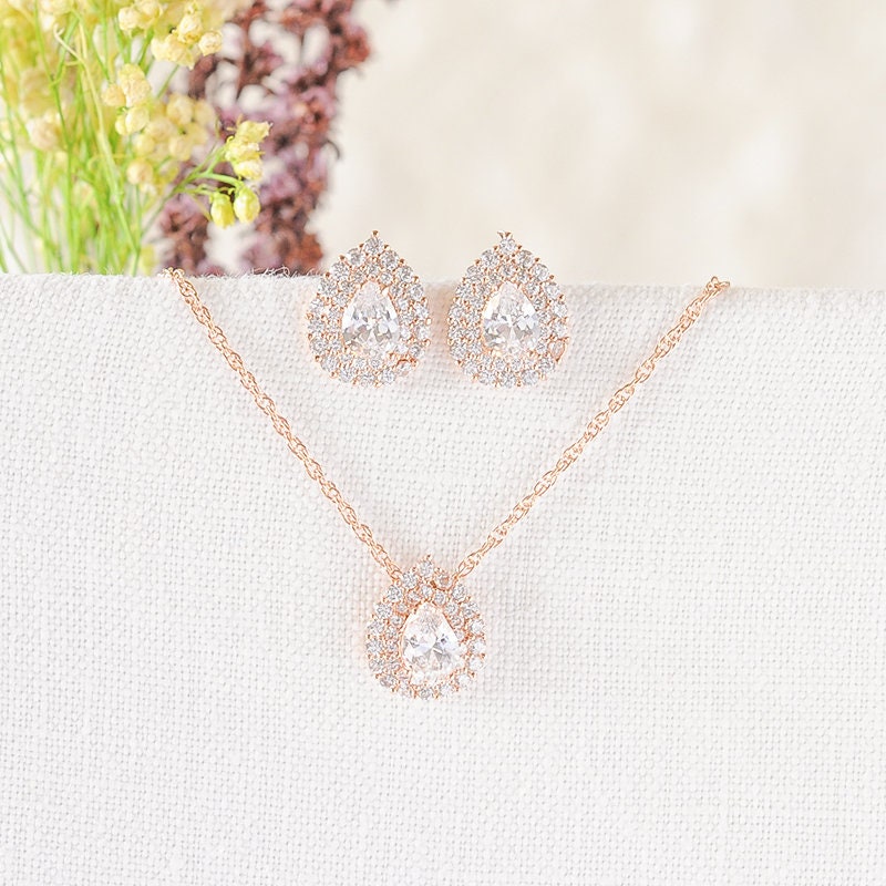 Rose Gold, Silver, Wedding Jewelry SET, Bridal Necklace