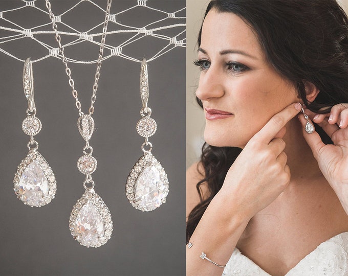 Crystal Bridal Jewelry SET, Bridal Jewelry Set, Teardrop Dangle Earrings, Sterling Silver Pendant Necklace, vintage Style Jewelry, LILIANA