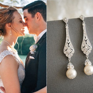 Bridal Earrings, CLIP ON or Stud Wedding Earrings, Screw Clip-On Earrings, Swarovski Pearl Drop Earrings, Wedding Bridal Jewelry, TRISSIE image 1