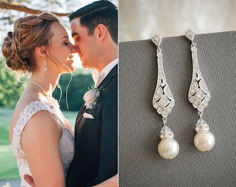 Bridal Earrings, CLIP ON or Stud Wedding Earrings, Screw Clip-On Earrings, Swarovski Pearl Drop Earrings, Wedding Bridal Jewelry, TRISSIE