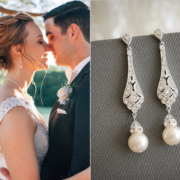 Bridal Earrings, CLIP ON or Stud Wedding Earrings, Screw Clip-On Earrings, Swarovski Pearl Drop Earrings, Wedding Bridal Jewelry, TRISSIE