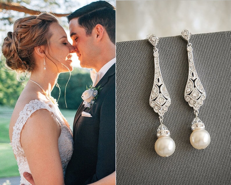 Bridal Earrings, CLIP ON or Stud Wedding Earrings, Screw Clip-On Earrings, Swarovski Pearl Drop Earrings, Wedding Bridal Jewelry, TRISSIE image 1