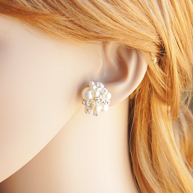 Pearl Cluster Bridal Earrings Rhinestone and Pearl Stud Etsy