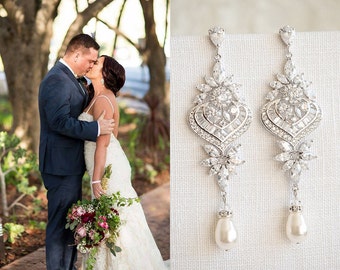 Boucles d'oreilles de mariée en cristal, Boucles d'oreilles de mariage tendance, Boucles d'oreilles de mariée pendantes longues, Bijoux de mariée, Boucles d'oreilles en perles de Swarovski, EZMAE