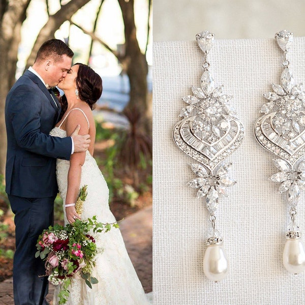 Crystal Bridal Earrings, Statement Wedding Earrings, Long Dangle Bridal Earrings, Bridal Jewelry, Swarovski Pearl Chandelier Earrings, EZMAE