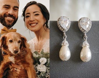 Wedding Earrings, Swarovski Pearl Drop Bridal Earrings, Silver or Rose Gold Dangle Earrings, Zirconia Stud Earrings, Wedding Jewelry, PIPPA