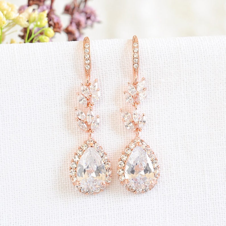 Crystal Bridal Earrings Rose Gold Wedding Earrings Leaf Etsy