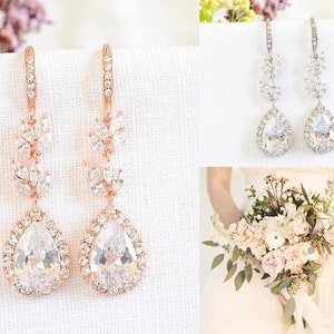 Crystal Bridal Earrings, Rose Gold Wedding Earrings, Leaf Dangle Drop Earrings, Marquise Crystal Earrings, Bridal Wedding Jewelry, CELINE