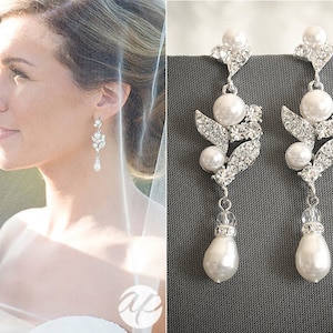Wedding Earrings, Bridal Earrings, Swarovski Rhinestone & Pearl Cluster Chandelier Earrings, Leaf Filigree Danlge Stud Earrings, CORALIE
