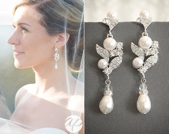 Wedding Earrings, Bridal Earrings, Swarovski Rhinestone & Pearl Cluster Chandelier Earrings, Leaf Filigree Danlge Stud Earrings, CORALIE