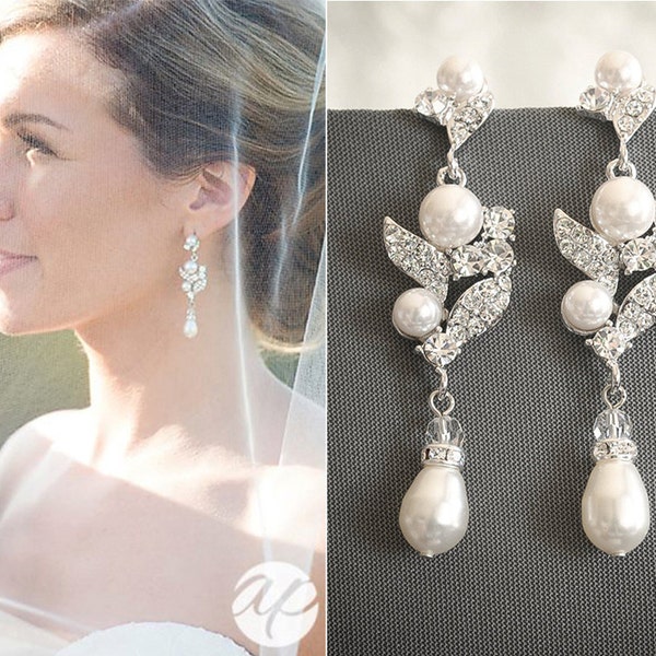 Wedding Earrings, Bridal Earrings, Swarovski Rhinestone & Pearl Cluster Chandelier Earrings, Leaf Filigree Danlge Stud Earrings, CORALIE