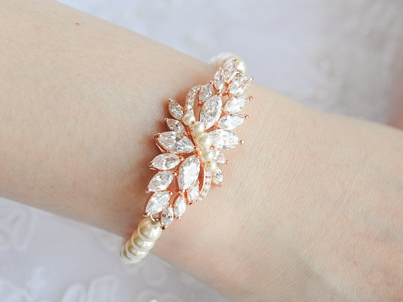 Wedding Bracelet, Silver, Rose Gold, Pearl Bridal Bracelet, Crystal Flower Leaf Bracelet Cuff, Vintage Style Bridal Wedding Jewelry, LORETTA image 1