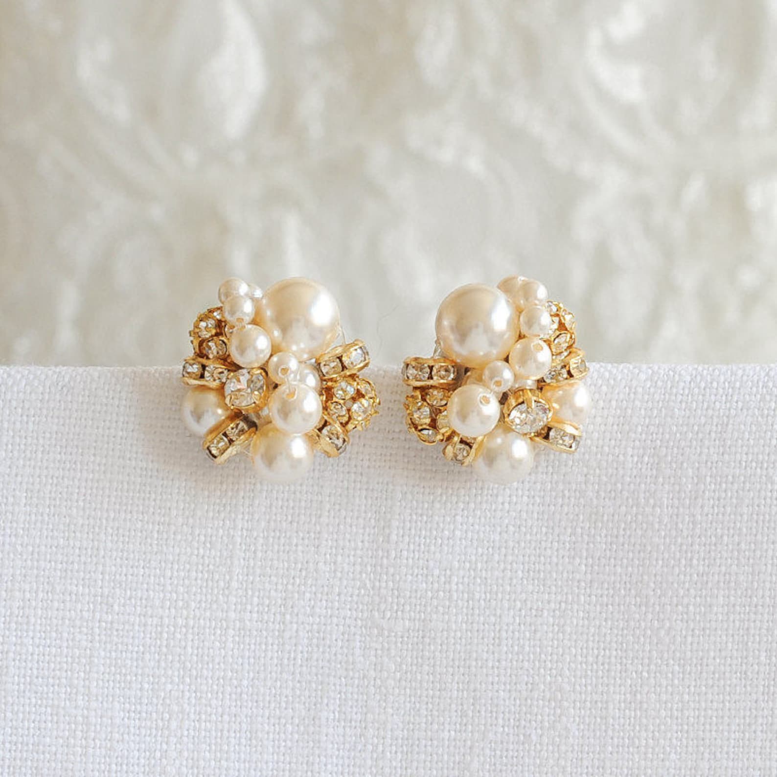 Pearl Cluster Bridal Earrings Rhinestone and Pearl Stud Etsy