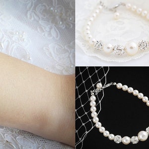 Simple Bridal Bracelet, Pearl Wedding Bracelet, Crystal Bridal Bracelet, Swarovski Pearl Bracelet, Rhinestone Wedding Bridal Jewelry, BERIT image 6