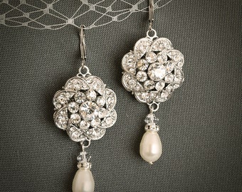Vintage Style Wedding Earrings, Teardrop Pearl Drop and Crystal Chandelier Bridal Wedding Earrings, Silver Filigree Crystal Flower, EZINA