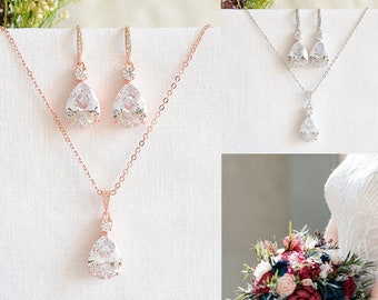 Rose Gold Bridal Jewelry SET, SILVER Wedding Necklace Set, Teardrop Dangle Wedding Earrings,Bridesmaid Set,Bridal Pendant Necklace, ISABELLA