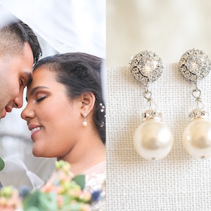 Swarovski Pearl Wedding Earrings, Crystal Halo Bridal Earrings, Modern Vintage Style Dangle Stud Bridesmaid Earrings, Bridal Jewelry, LUCIE