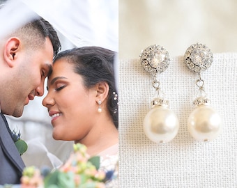 Swarovski Pearl Wedding Earrings, Crystal Halo Bridal Earrings, Modern Vintage Style Dangle Stud Bridesmaid Earrings, Bridal Jewelry, LUCIE