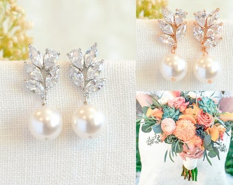 Bridal Earrings, Bridesmaid Earrings, Swarovski Pearl Drop Earrings, Crystal Leaf Earrings, Wedding Earrings, Wedding Bridal Jewelry, GIANNA