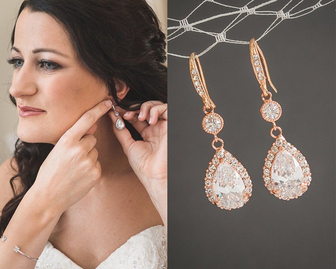 Rose Gold Wedding Earrings Bridal Earrings Crystal Teardrop - Etsy