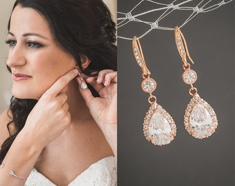 Rose Gold Wedding Earrings, Bridal Earrings, Crystal Teardrop Dangle Drop Bridesmaid Earrings,Bridal Wedding Jewelry,Bridesmaid Gift,LILIANA