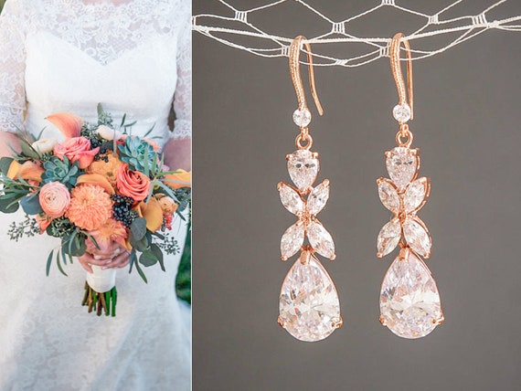 Rose Gold Bridal Earrings, Crystal Wedding Earrings, Clover Leaf Dangle  Drop Earrings, Statement Bridal Jewelry, Teardrop Earrings, HARRIET