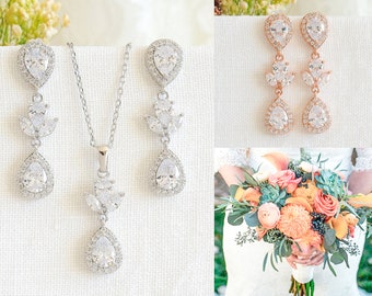 Bridal Jewelry SET, Silver Wedding Necklace Earring Set, Bridal Earrings Drop, Crystal Leaf Necklace and Earrings, Teardrop Earrings,VANESSA