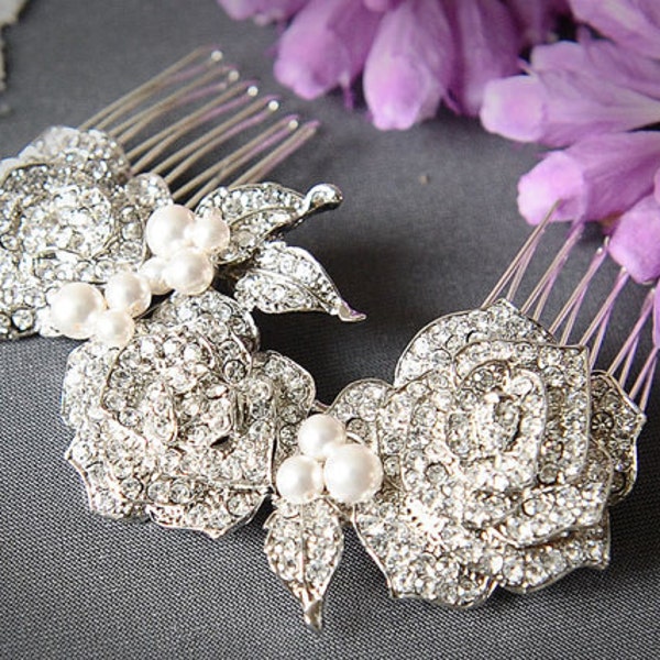 Bridal Hair Comb, Swarovski Pearl and Rhinestone Wedding Bridal Hair Comb, Vintage Style Rose Bridal Comb, Wedding Hair Accessory, ROSELLE