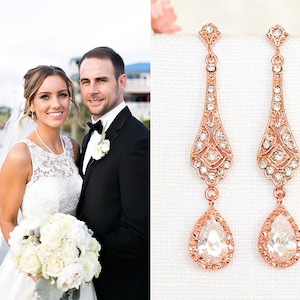 Wedding Earrings, Rose Gold Bridal Earrings, Vintage Style Crystal Teardrop Dangle Earrings, Old Hollywood Bridal Wedding Jewelry, TRISSIE