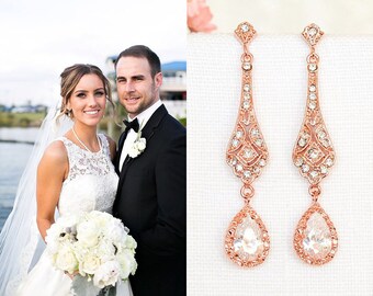 Wedding Earrings, Rose Gold Bridal Earrings, Vintage Style Crystal Teardrop Dangle Earrings, Old Hollywood Bridal Wedding Jewelry, TRISSIE