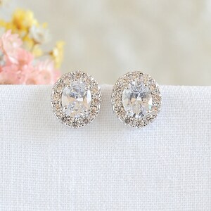 Crystal Bridal Earrings, Oval Wedding Earrings, Halo Solitaire Earrings ...