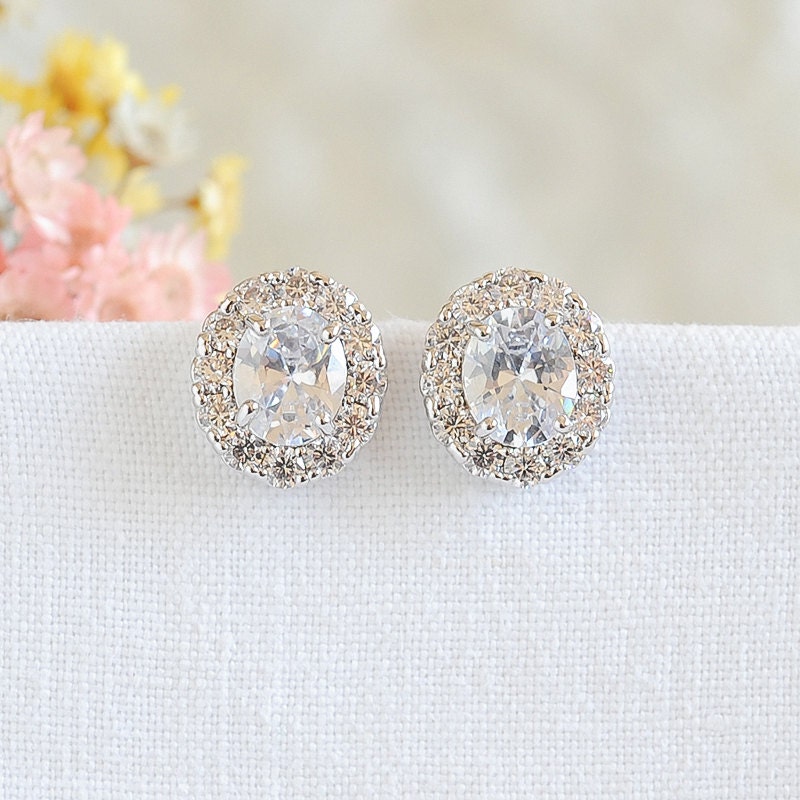 Crystal Bridal Earrings Oval Wedding Earrings Halo Solitaire | Etsy