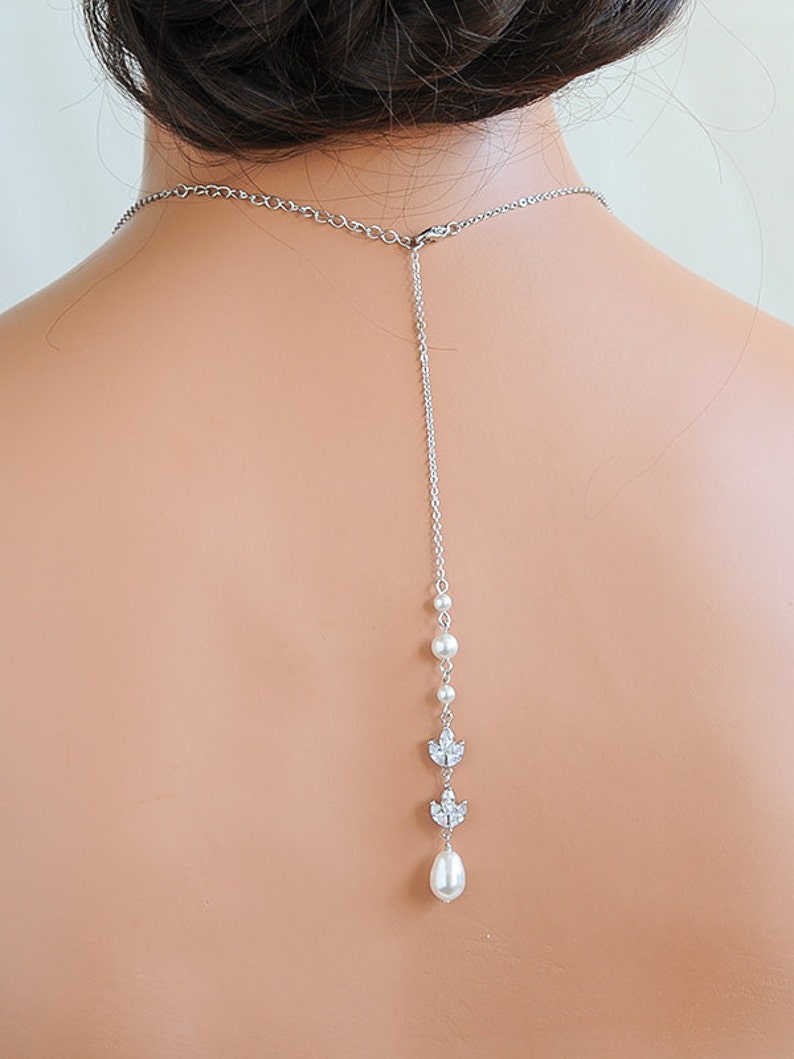 Pearl Backdrop Bridal Necklace, Back Drop Wedding Necklace, Crystal Marquise Leaf Back Necklace, Swarovski Bridal Wedding Jewelry, BLYTHE image 5