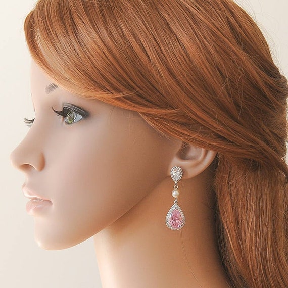 Pearl Bridal Earrings Pink Crystal Wedding Earrings