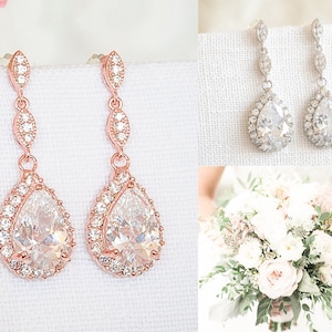 Rose Gold Bridal Earrings, Silver Wedding Earrings, Teardrop Crystal Bridal Earrings, Dangle Earrings,  Bridal Wedding Jewelry, POLLYANNA