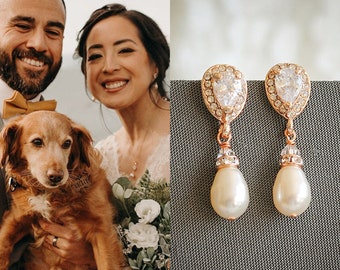 Bridal Earrings, Swarovski Pearl Wedding Earrings, Rose Gold Pearl Drop Dangle Earrings, Zirconia Stud Earrings, Wedding Jewelry, PIPPA