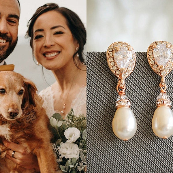 Bridal Earrings, Swarovski Pearl Wedding Earrings, Rose Gold Pearl Drop Dangle Earrings, Zirconia Stud Earrings, Wedding Jewelry, PIPPA
