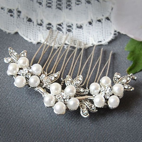 Wedding Hair Comb, Pearl Bridal Hair Comb, SWAROVSKI Hair Comb, Wedding Hair Accessory, Flower Leaf Hair Pin (Signature Collection) KENNICE