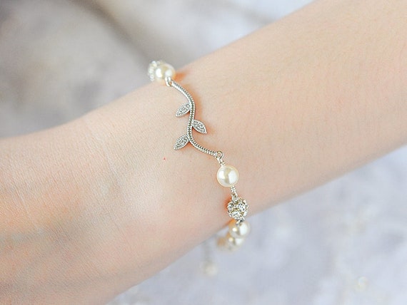 Buy Crystal Leaf Bridal Bracelet Swarovski Pearl Wedding Bracelet