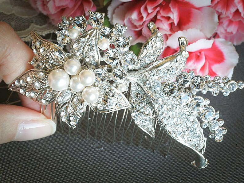 Bridal Hair Comb, Vintage Style Bridal Hair Accessories, Swarovski Crystal and Pearl Wedding Hair Comb, Flower Leaf Wedding Hairpiece, MAITE image 6