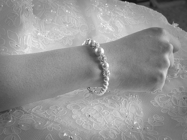 Simple Bridal Bracelet, Pearl Wedding Bracelet, Crystal Bridal Bracelet, Swarovski Pearl Bracelet, Rhinestone Wedding Bridal Jewelry, BERIT image 4