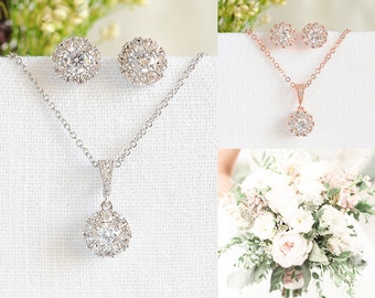 Bridal Jewelry SET, Crystal Wedding Necklace Set, Bridal Stud Earrings, Crystal Halo Pendant Necklace Earring Bridesmaid SET,Rose Gold, GWEN