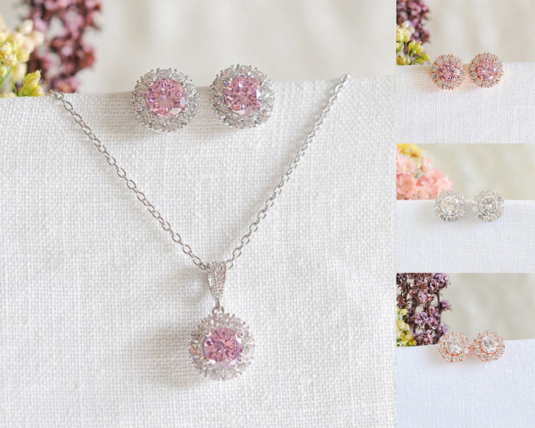 Pink Bridal Jewelry SET, Wedding Earrings, Bridal Necklace, Crystal
