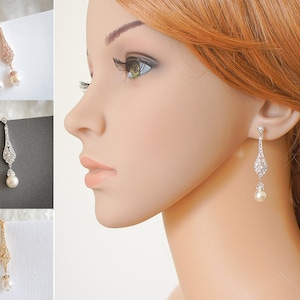 Bridal Earrings, CLIP ON or Stud Wedding Earrings, Screw Clip-On Earrings, Swarovski Pearl Drop Earrings, Wedding Bridal Jewelry, TRISSIE image 5